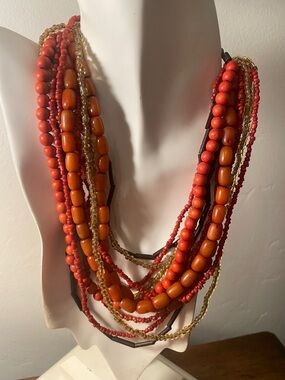 Multi-Strand Orange, Red, & Brown Beaded Women's Necklace - Unbranded
